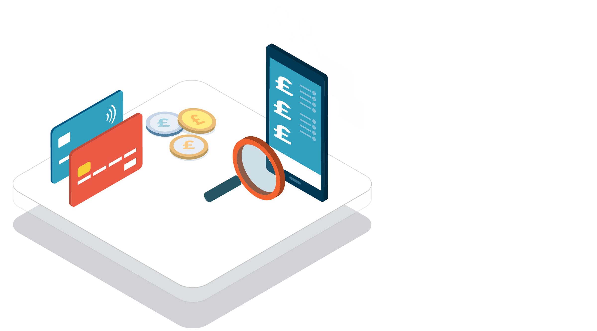 illustration of bank cards, coins, a smartphone with £ signs on the screen, silhouettes of 2 people and a magnifying glass